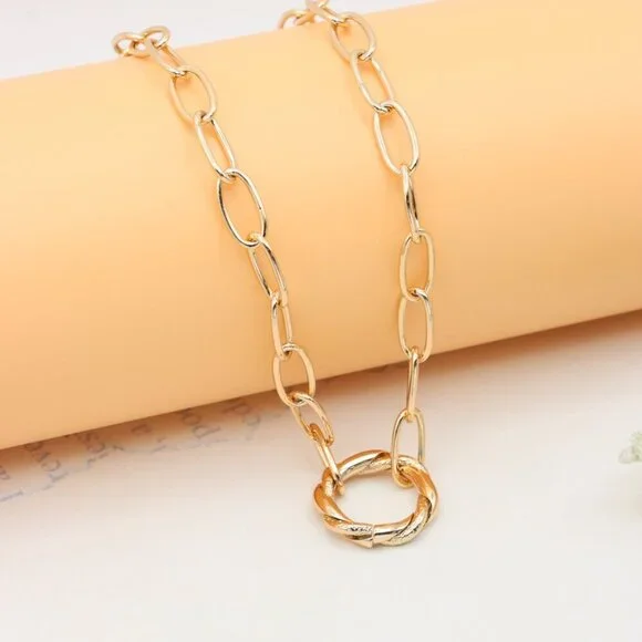 Chunky Oval Link Rose Gold Necklace with Round Center Pendant, XPNL0348 - Picture 9 of 13